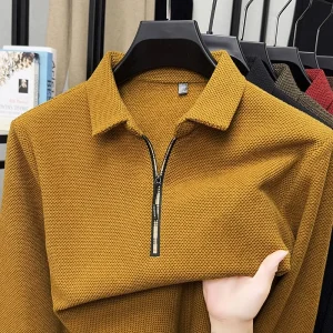2025 Spring/Autumn Men's Long Sleeve Polo Shirt with Flip Collar Half Zipper Casual No Heat Anti Wrinkle Base T-shirt