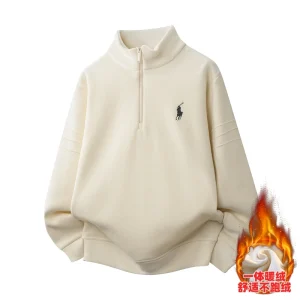 2025 Autumn/Winter New Stand Up Collar Half Zipper Hoodie with Thick Velvet for Warm Men's Sweatshirt Solid Color Versatile