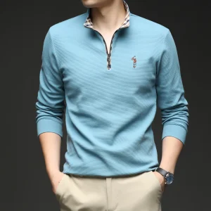 2025 Long Sleeved Hoodie Men's Casual Polo Shirt Spring and Autumn Half Zipper Stand Up Collar Men's Pure Cotton Base Shirt