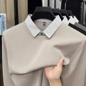 2025 New Spring and Autumn Men's Fake Two Solid Color Knitted Shirt Business Casual Shirt Collar Long Sleeve Hoodie