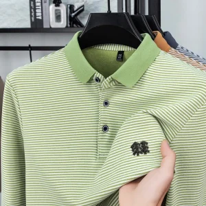 Men's Long Sleeved T-shirt, Youth Lapel T-shirt, Autumn Clothes Striped Polo Shirt Double-sided German Velvet 2025 New Trend Top