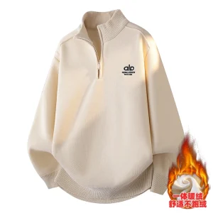 Half Zip Fleece Hoodie for Men in Winter 2025 New Embroidered Thick Knit Sweater One-piece Fleece Warm Base Sweater
