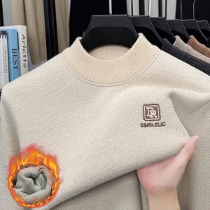 Autumn and Winter Men's Semi High Neck Plus Thick Velvet Knitted Sweater with Integrated Velvet Embroidery Warm Base Sweater