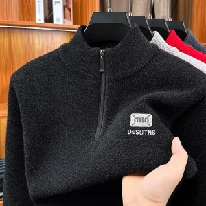 Men's Sherpa Fleece Sweater with Thick Padding Zippered Half-crew Knit Pullover for Winter Casual Wear